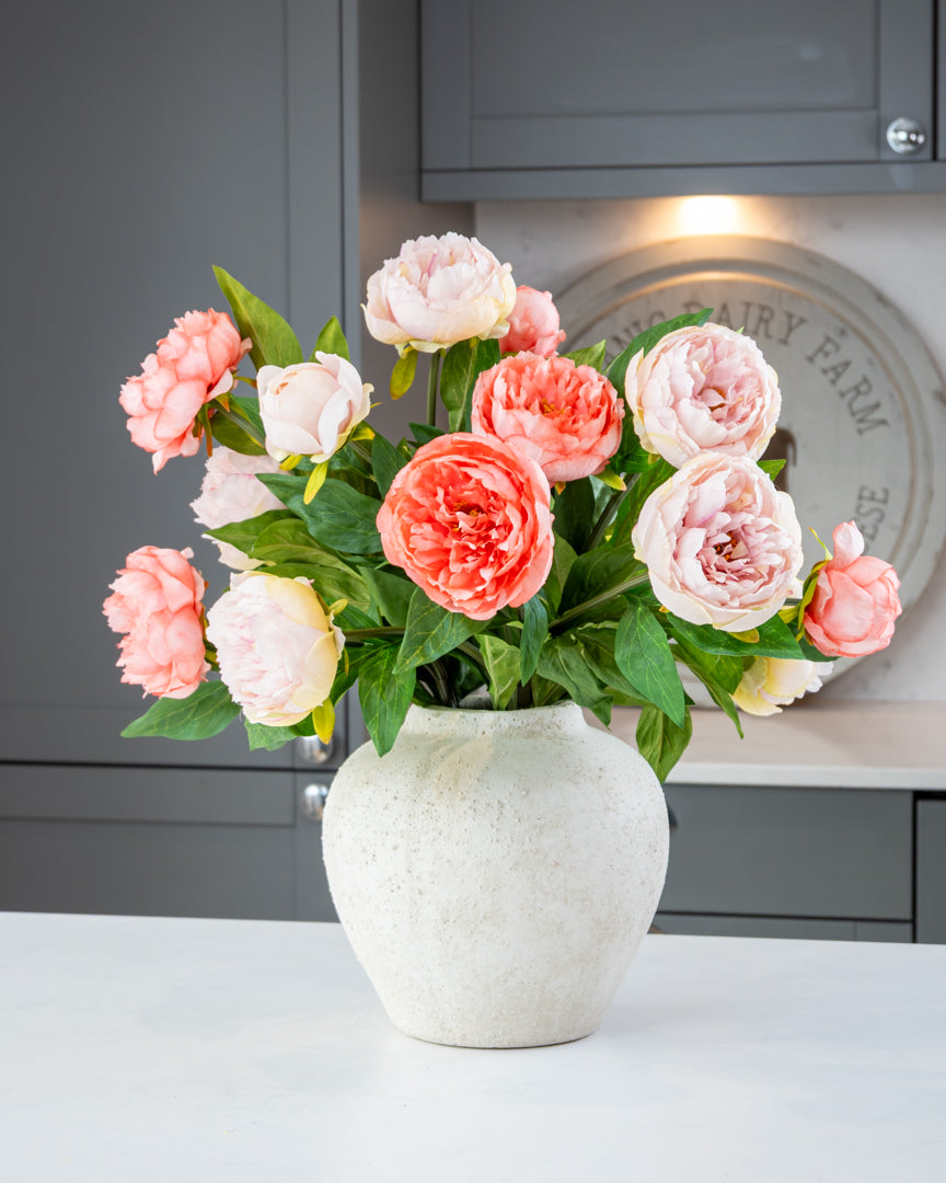 Coral Peonies in Ceramic Vase