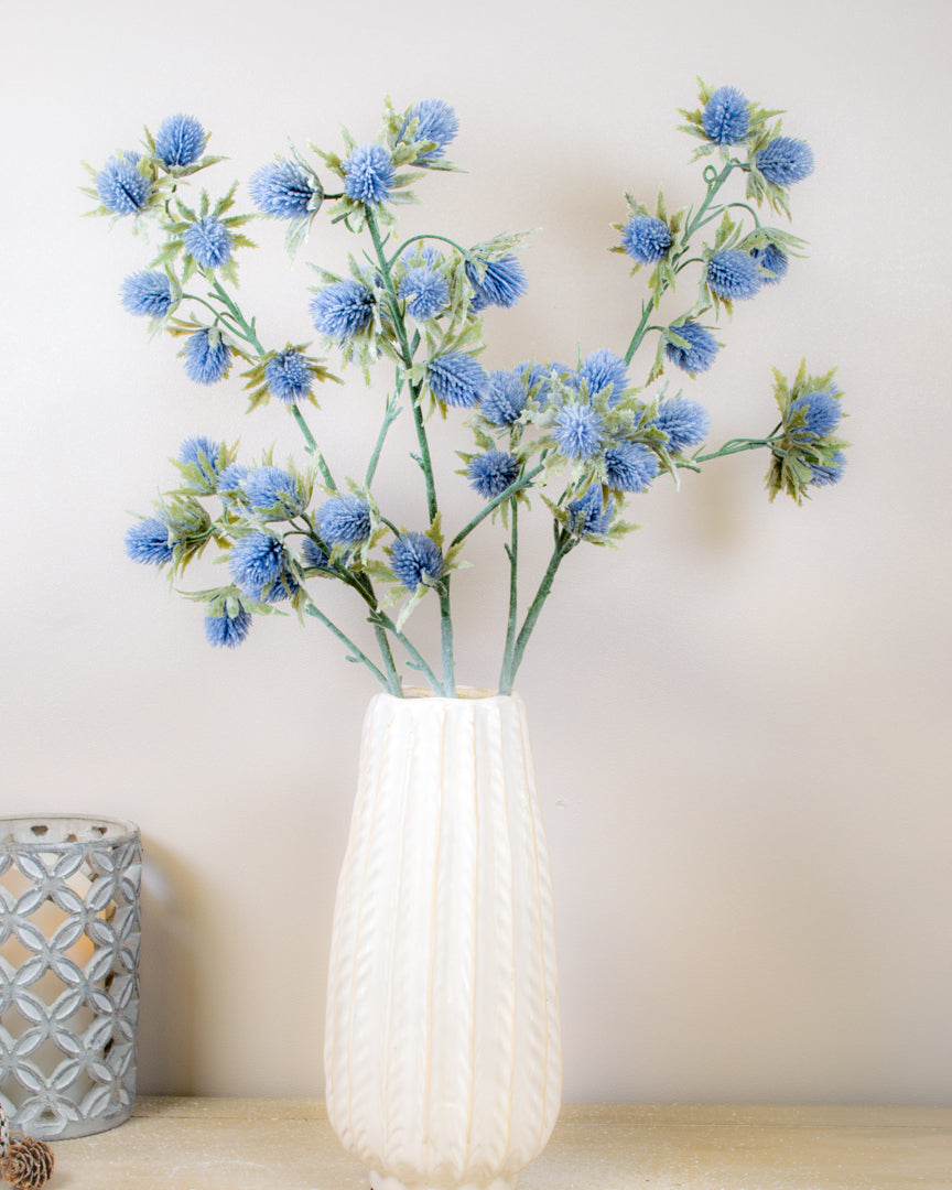 Large Ice Blue Flocked Thistle Stem