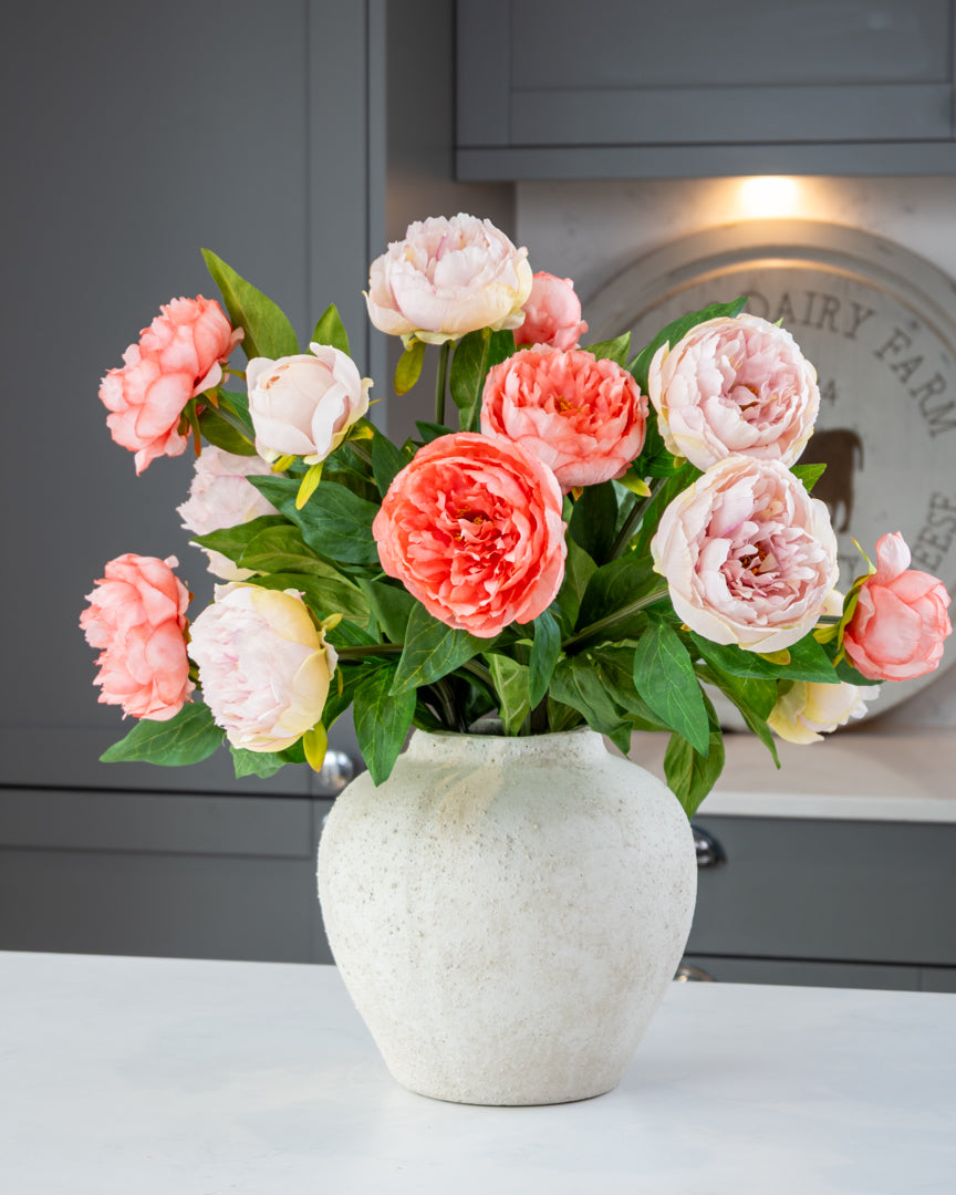 Coral Peonies in Ceramic Vase