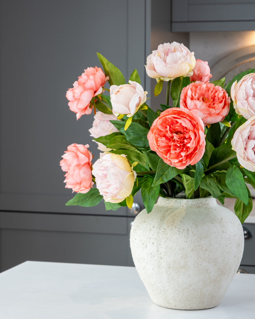 Coral Peonies in Ceramic Vase