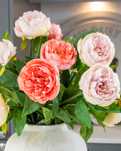 Coral Peonies in Ceramic Vase